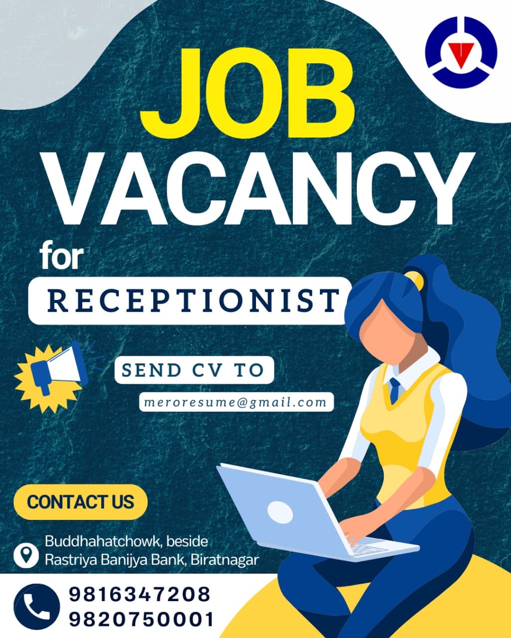vacancy for Receiptionist for consultancy